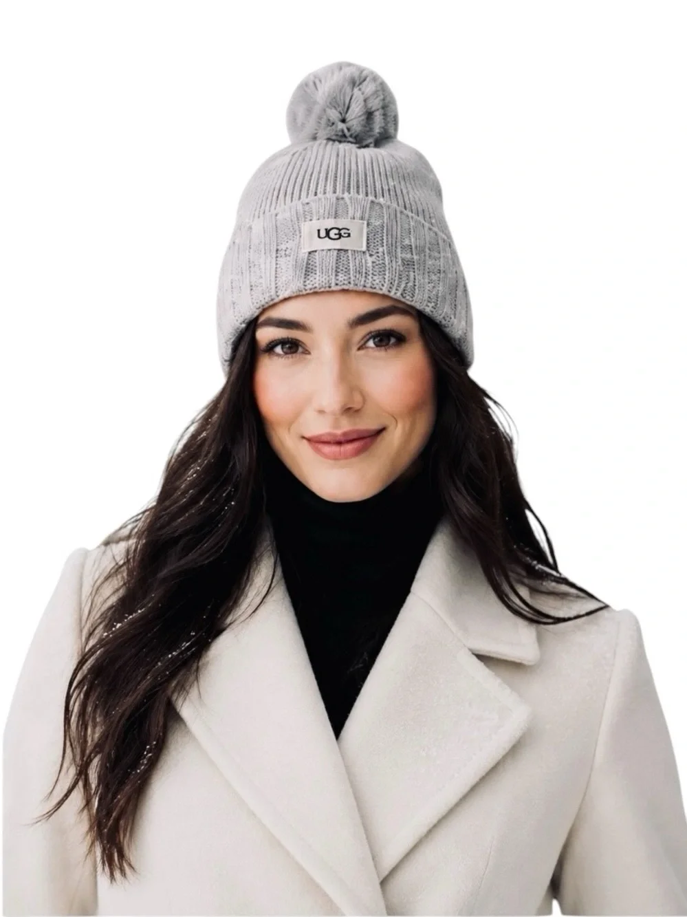 UGG Rib Cuff Hat Yarn Pom Knit Beanie Heather Gray Wool Blend One Size NWT